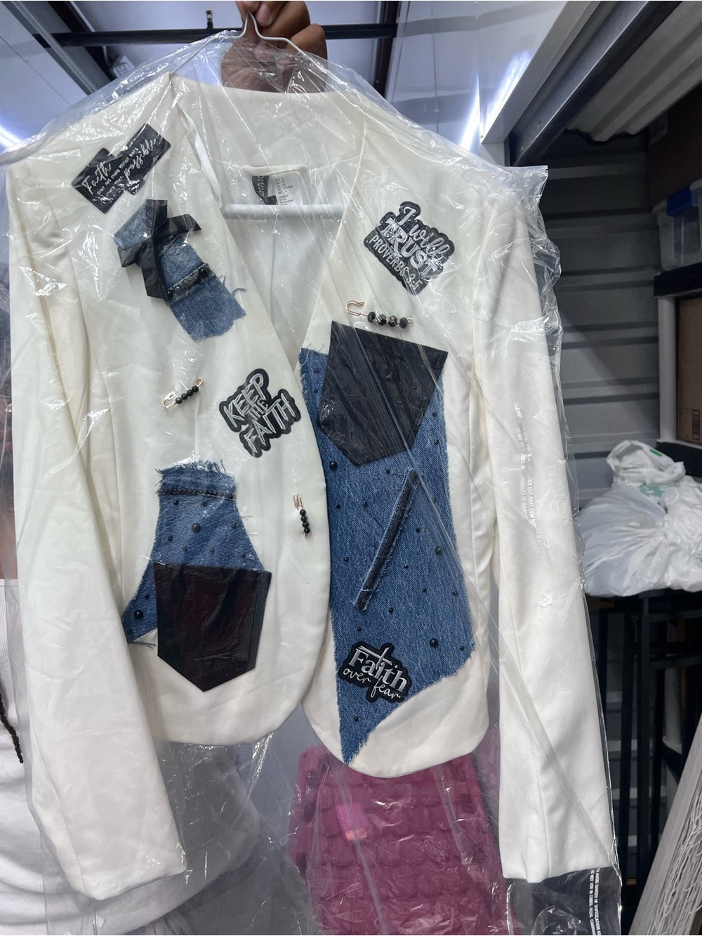 Custom made white  Embellished Blazer with Denim Patchwork